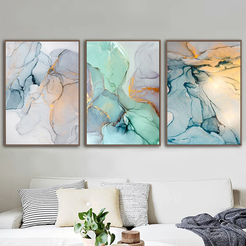 3pcs frameless Canvas Painting 3pcs Teal Blue Gold Alcohol Ink Abstract Canvas Wall Art Modern Marble Fluid Art Home Wall Decor