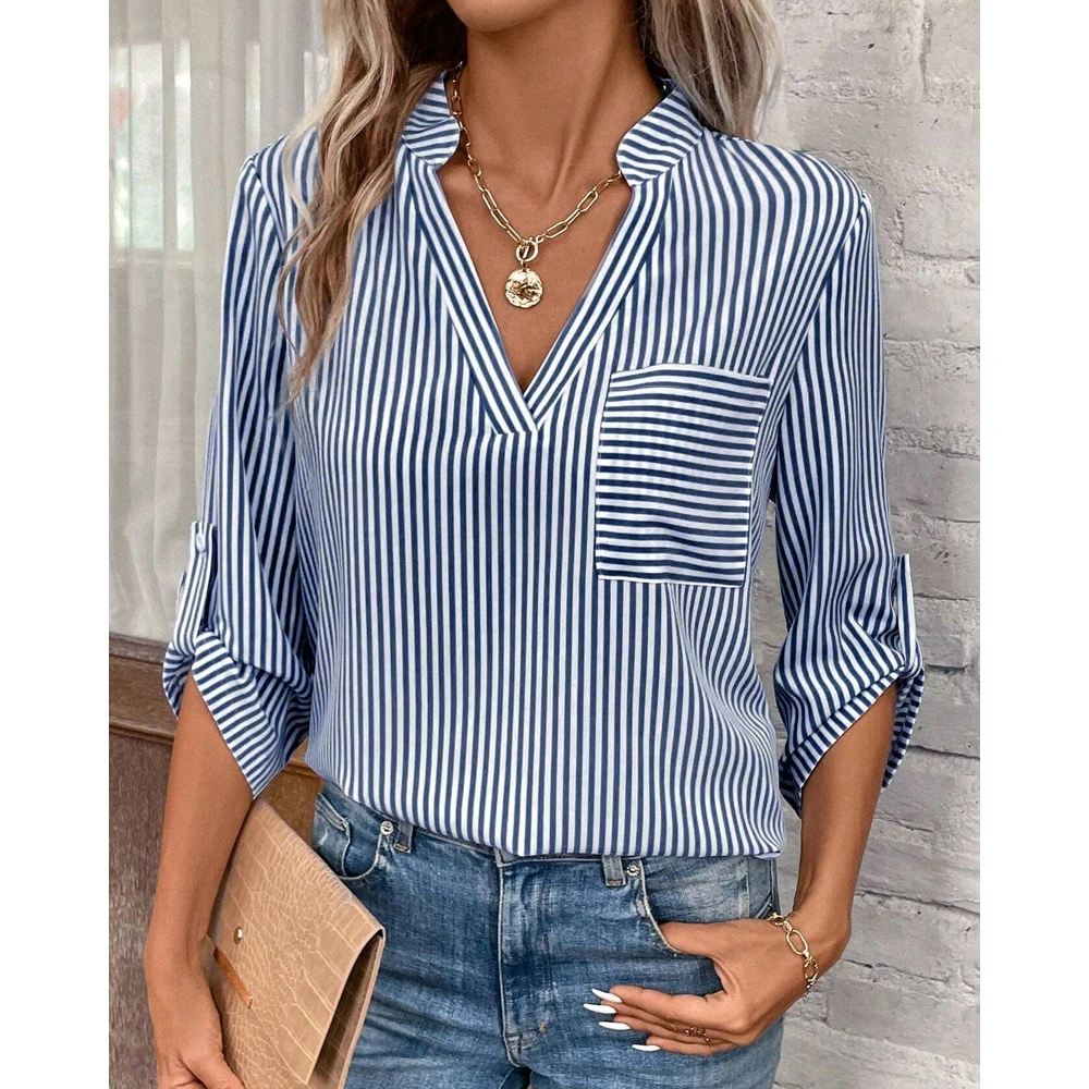 Summer Casual Shirt for Women Striped Print Three Quarter Sleeve Shirts & Blouses Femme Fashion V-Neck Buttoned Blouse Top y2k