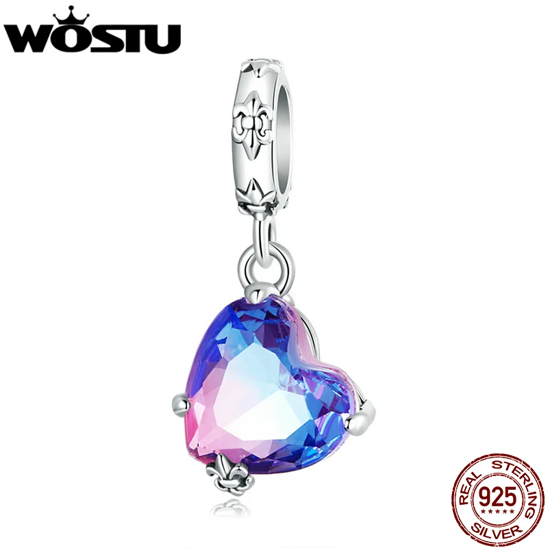 WOSTU 925 Sterling Silver Classic Color Vintage Heart Charms Pendant for Women Fit Original DIY Bracelet Necklace Lucky Jewelry