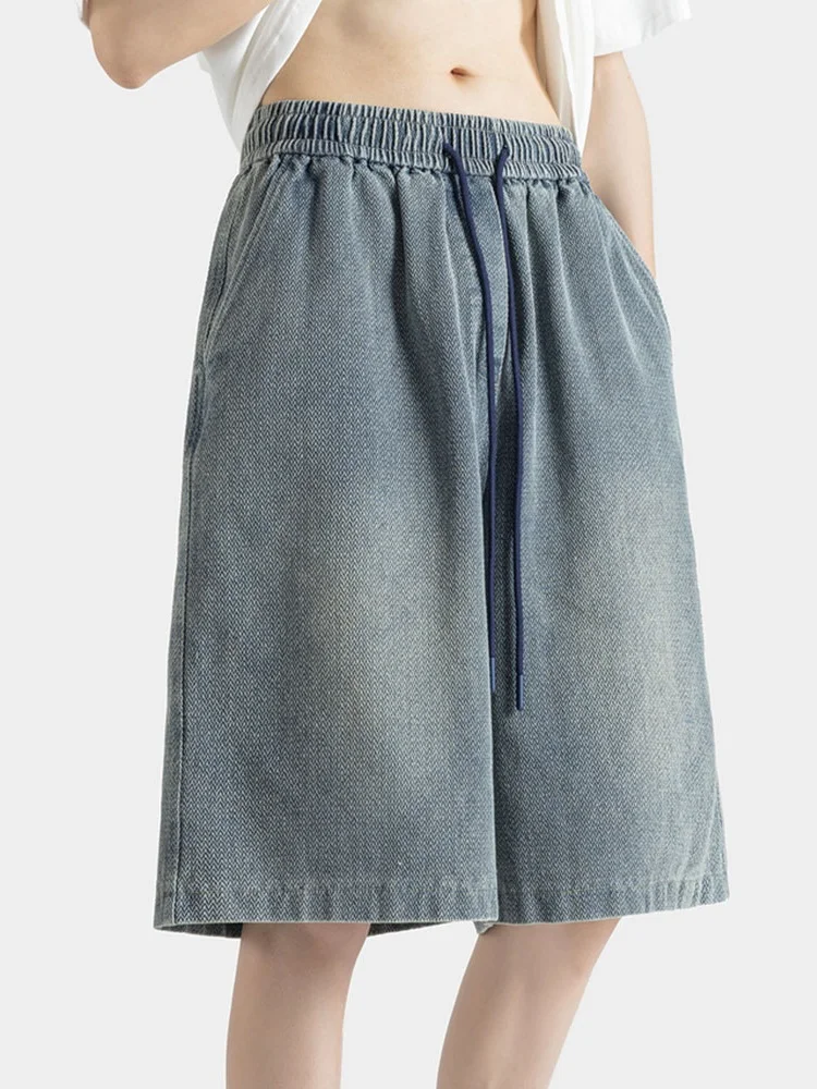 

American Retro Street Starry Pattern Jeans orts Loose Wide Leg Dstring Large Size Five-Quarter Pants for Men And Women