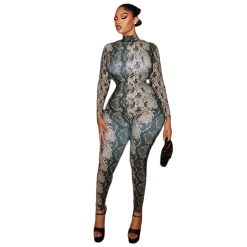 

Women's Snake Print Buttons Turtleneck Long Sleeve Hollow Out Backless Sexy Bodycon Jumpsuits