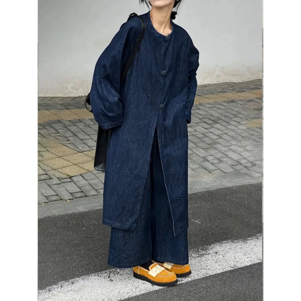 

SuperAen 2026 Spring New Chinese-style Loose Casual Fashion Long Tops Full Length Wide-leg Pants Blue Denim Sets