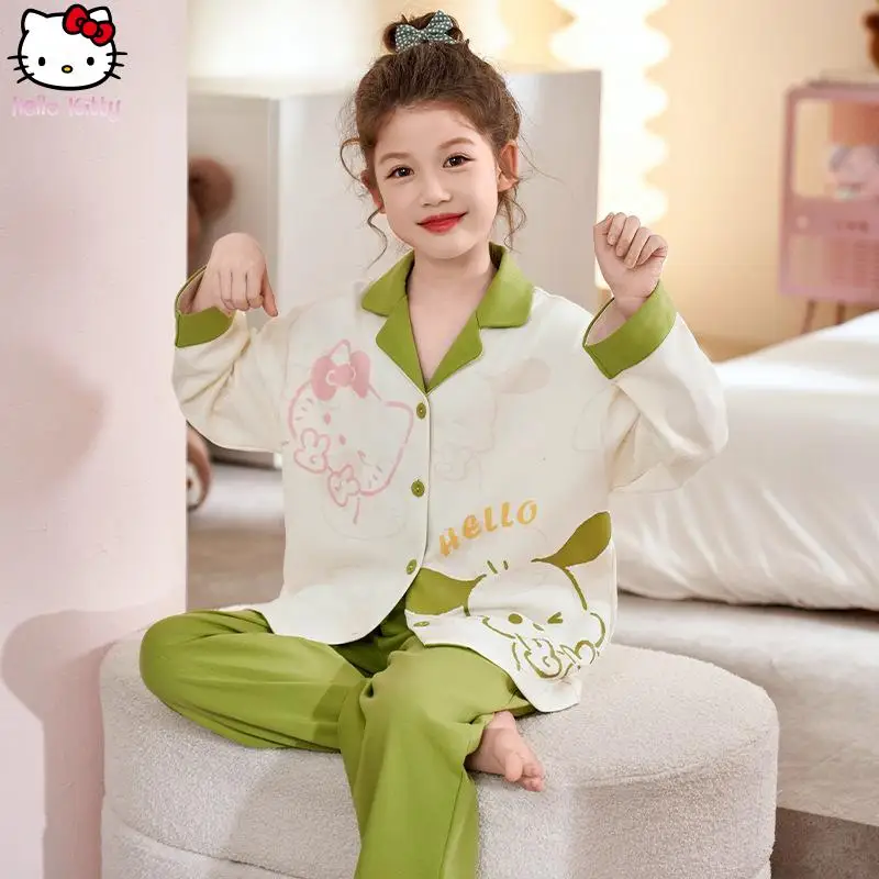 

2Pcs Kawaii Kuromi Pochacco Spring Autumn Long Sleeved Cotton Pajama Sanrio Girl Cartoon Anime Outdoor Parent-Child Home Clothe