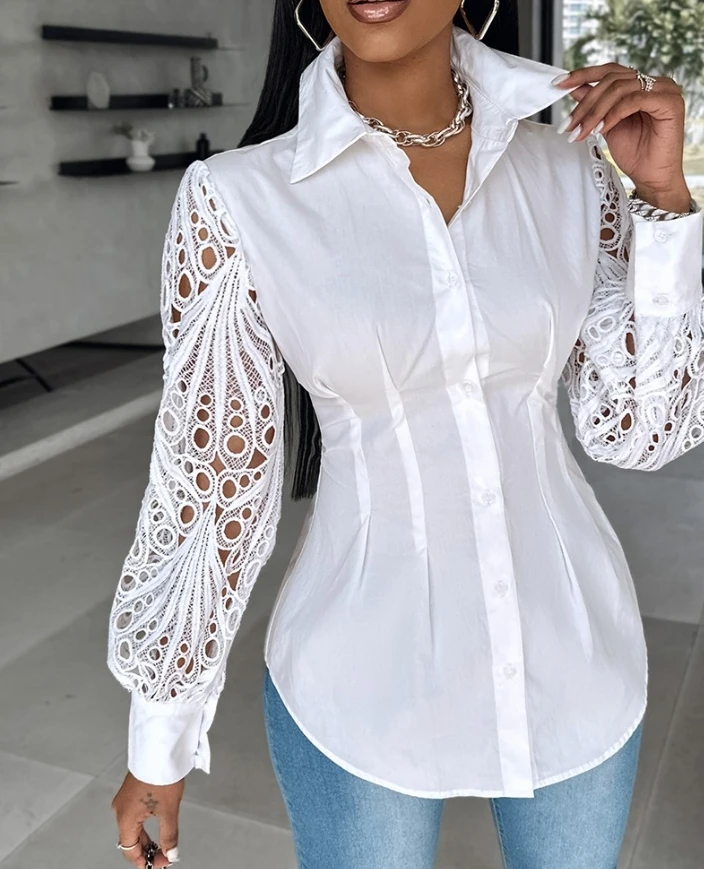 

Woman Blouse 2024 Spring Fashion Hollow Out Lantern Sleeve Casual Plain Long Sleeve Casual Button Down Slim Fit Daily Shirt Top