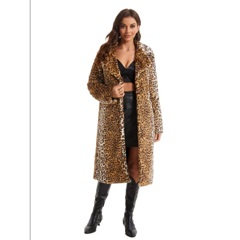 Leopard Faux Fur Thick Warm Rabbit Fur Plus Size Long Faux Fur Women's Coat