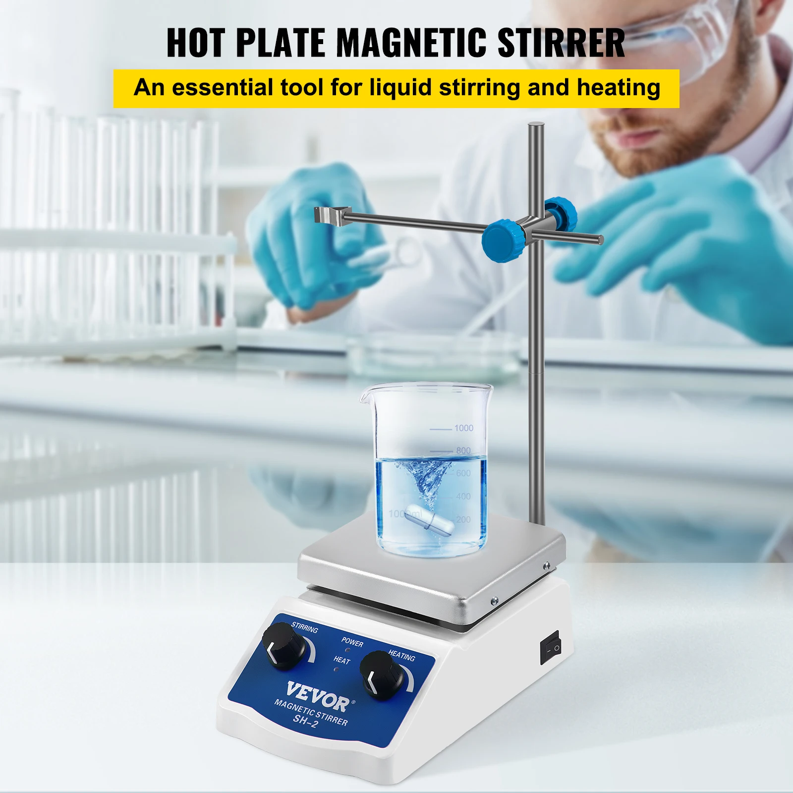 VEVOR Magnetic Stirrer, 1000ml Mixing Capacity Laboratory Magnetic Stirrer Hotplate w/ Stand, for Lab Liquid Mixing Heating