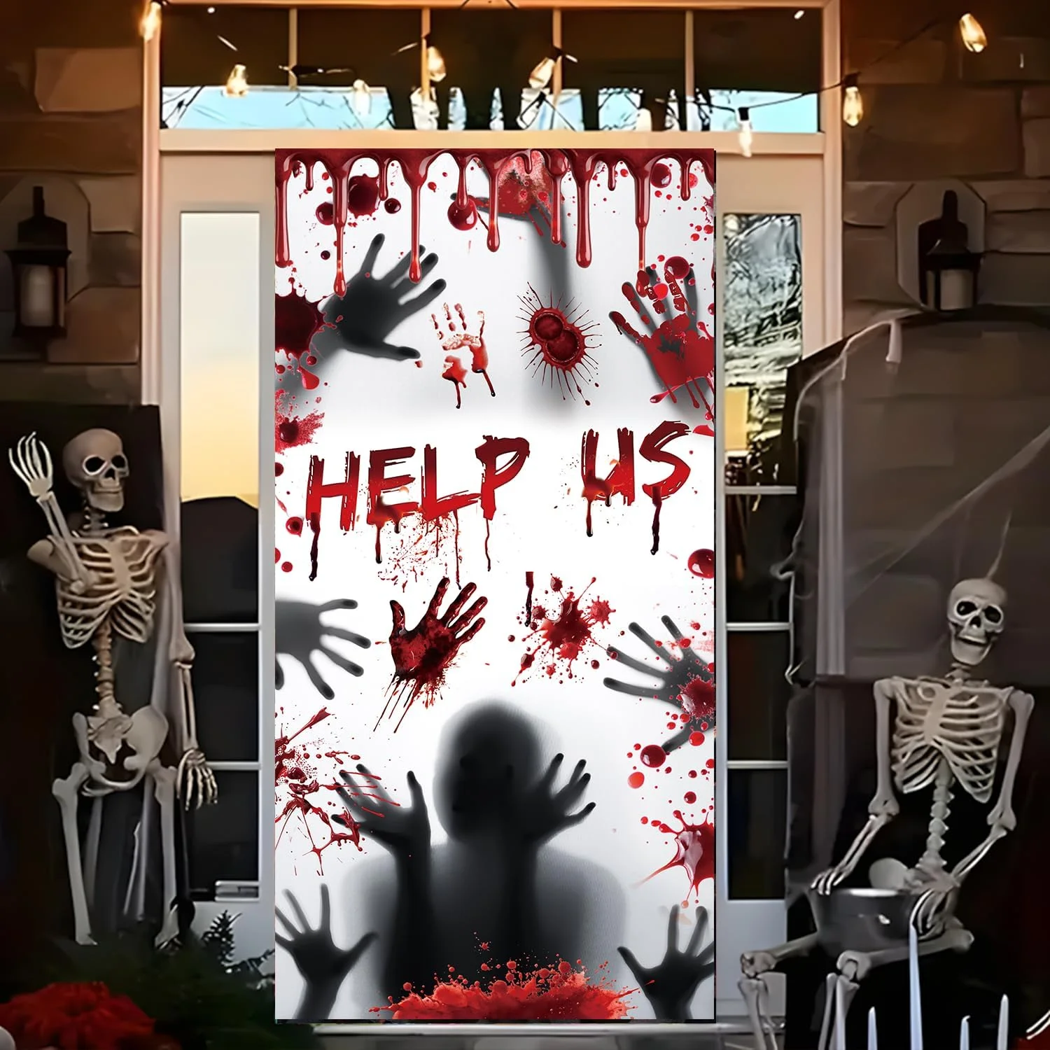 

Помоги нам крышку двери, жуткие кровавые отпечатки рук, дверной фон для Хэллоуина, вечерние украшения, подвесной знак для входной двери, в помещении и на открытом воздухе