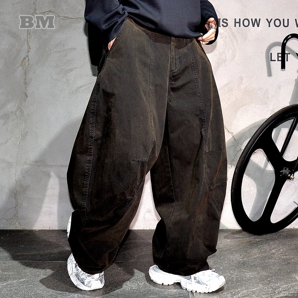 

Korean Baggy Jeans For Men Wide Leg Cargo Pants Denim Vintage Distressed Pleated Streetwear Hip Hop Trendy Brown Trousers Male