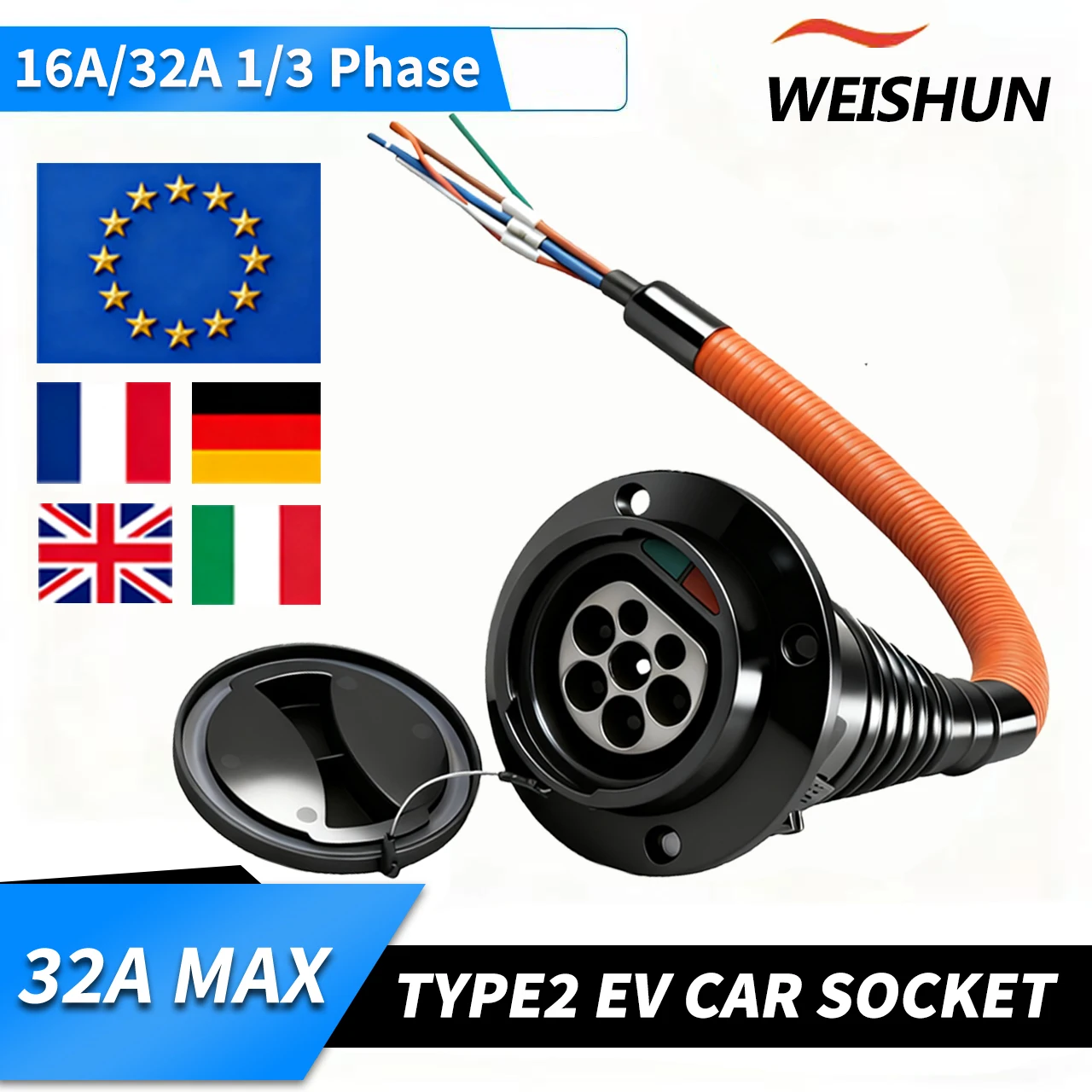 

EVSE IEC 62196-2 Type 2 Male Socket 16A 32A Electric Car Charging Socket With 0.5M Cord European Standard