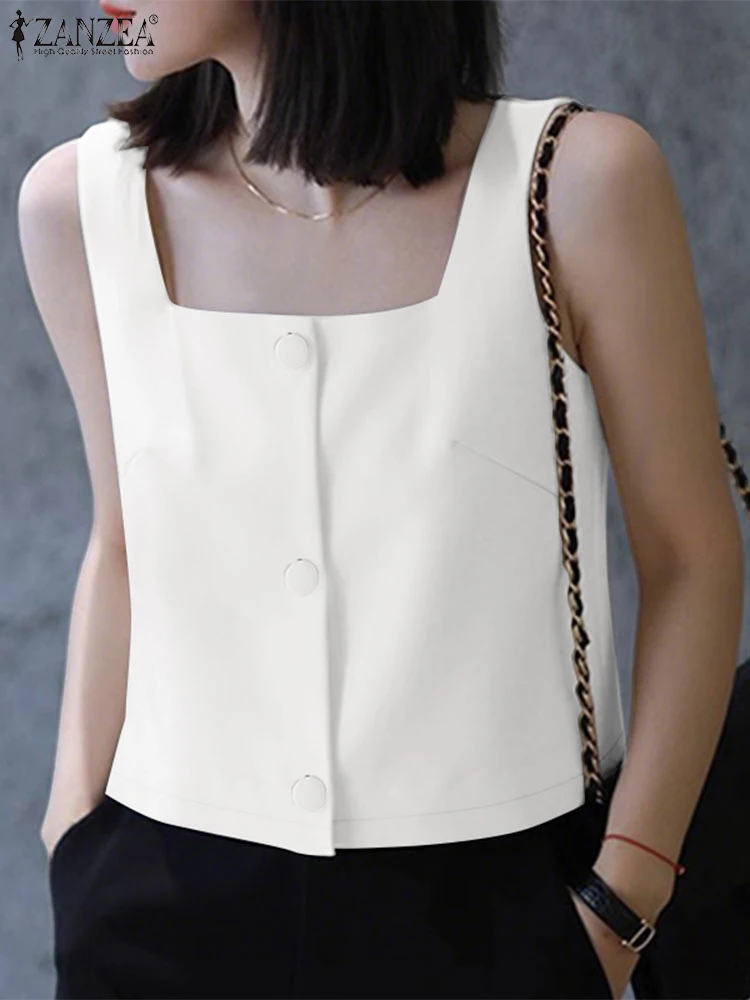 ZANZEA-Chalecos de verano para ir al trabajo, Tops, ropa de día, camisola con botones a la moda, cuello cuadrado, sin mangas, camisetas sin mangas informales lisas, 2025
