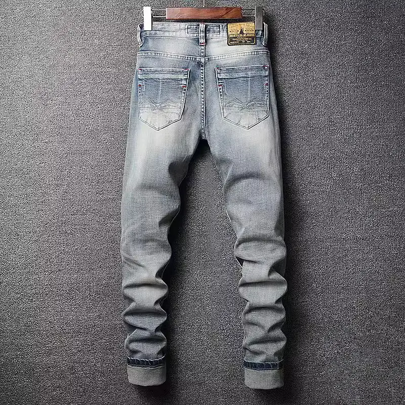 Street Fashion Men Jeans Retro Light Blue Stretch Slim Fit Ripped Jeans Men Patched Designer Embroidery Vintage Denim Pants