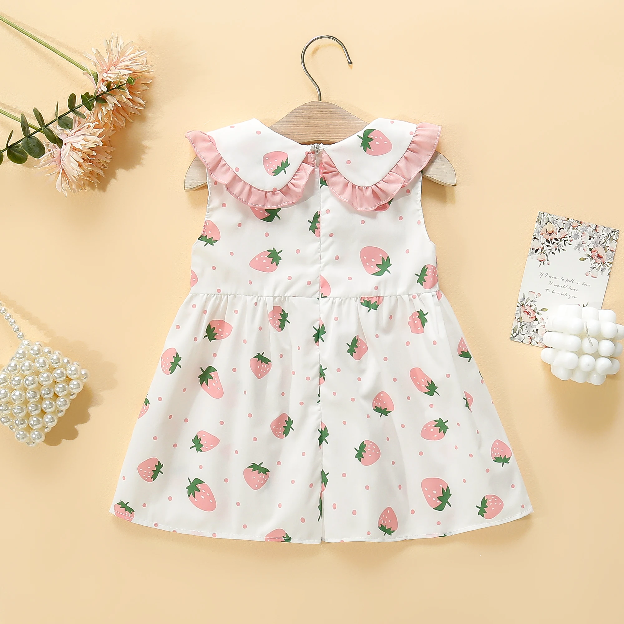 Girls\' Dress Bag 2/Piece Set Summer Little Girl Big Collar Full of Strawberry Dot Printed Princess Dress