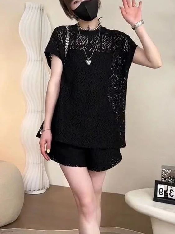 

Большие размеры 300 Pou Fat MM European Sle Hollow out Hook Flower ort Sve Футболка orts Set Женский летний свободный комплект для похудения...