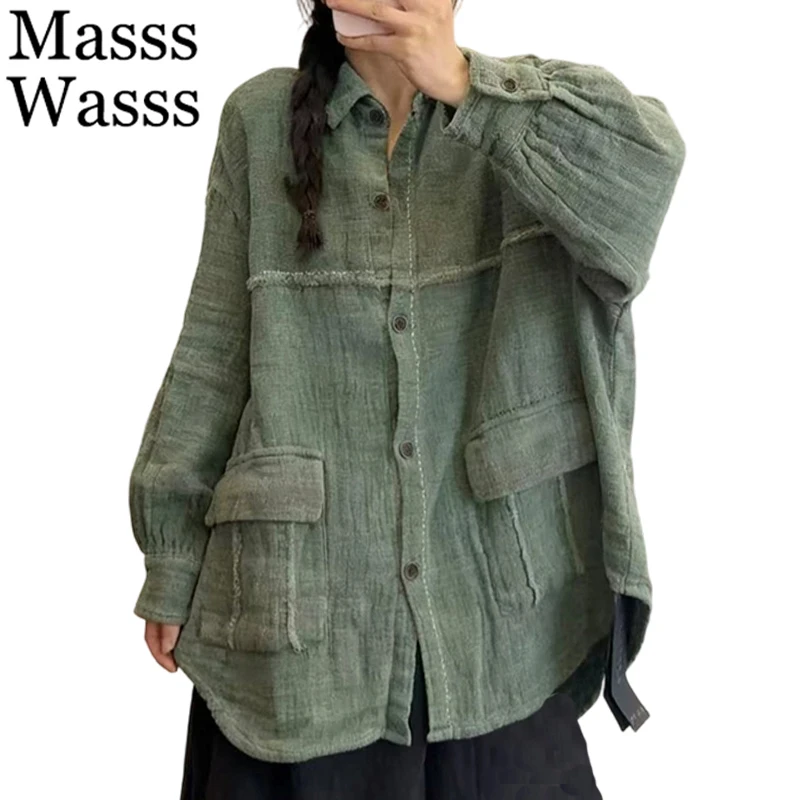

Masss Wasss 2026 Korean Spring Clothes Women Fashion Loose Cotton Linen Shirts Casual Vintage Tops Females Classic Solid Blouses