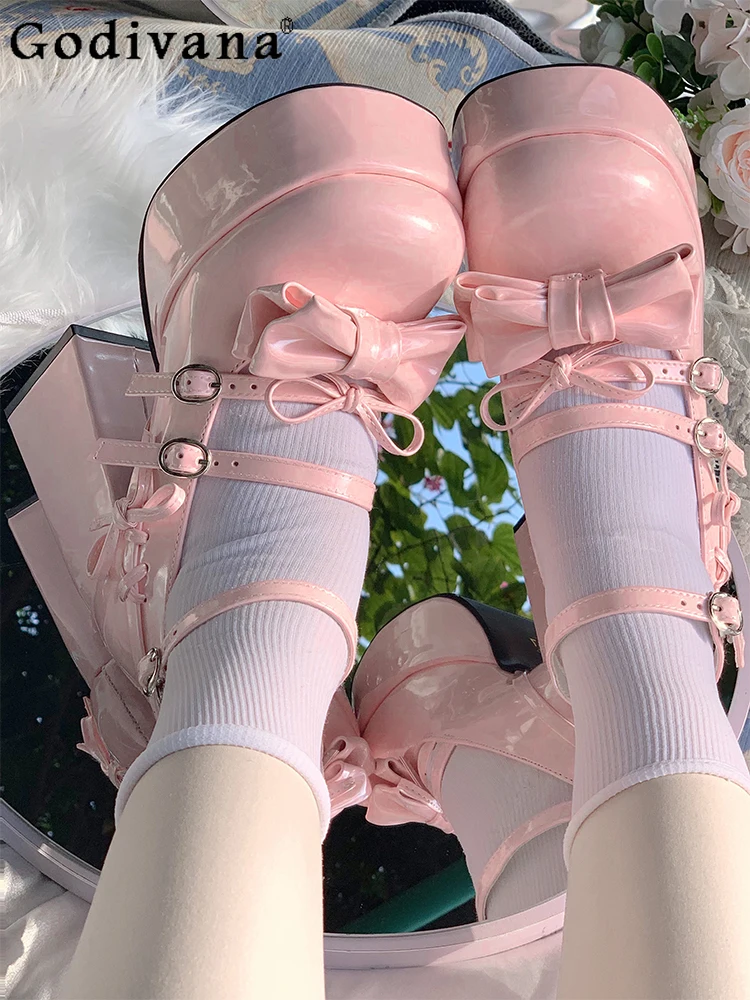 

Summer New Fashion JK Pink Mary Jane Shoes Girly Harajuku Sweet Cute Platform High Heels Japanese Bow Lolita Pumps Women Heels