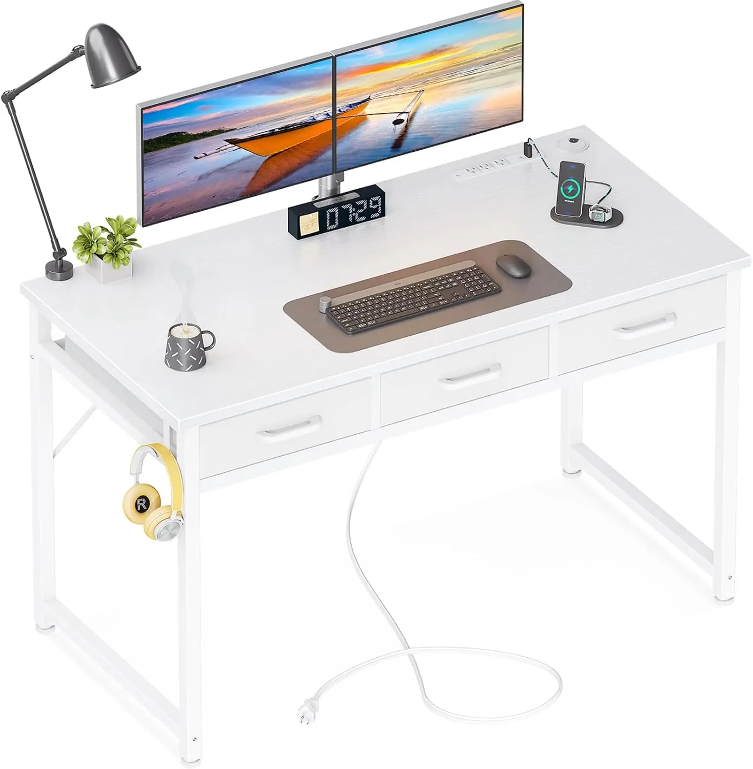 

48 Inch Small Computer Desk with 3 Fabric Drawers, Office Desk with USB/Type-C Charging Ports & Power Outlets, with Iron Hook