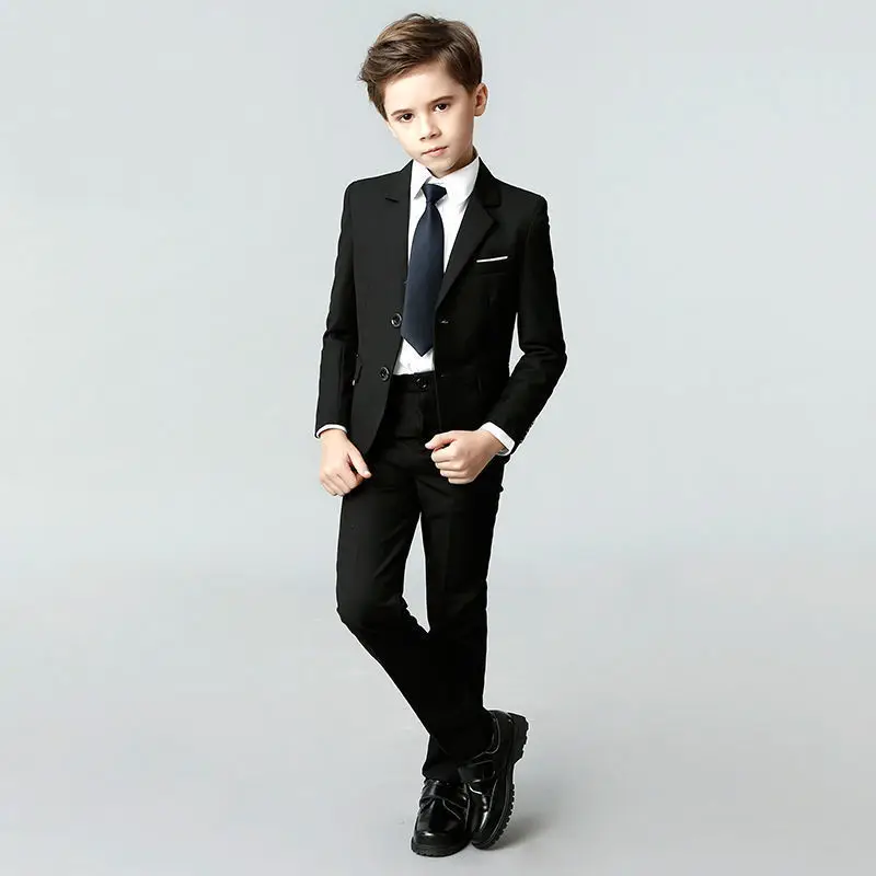 Children Formal Black Suit Flower Boys Wedding Dress Gentle Kids Birhtday Photograph Suit School Graduation Performance Costume