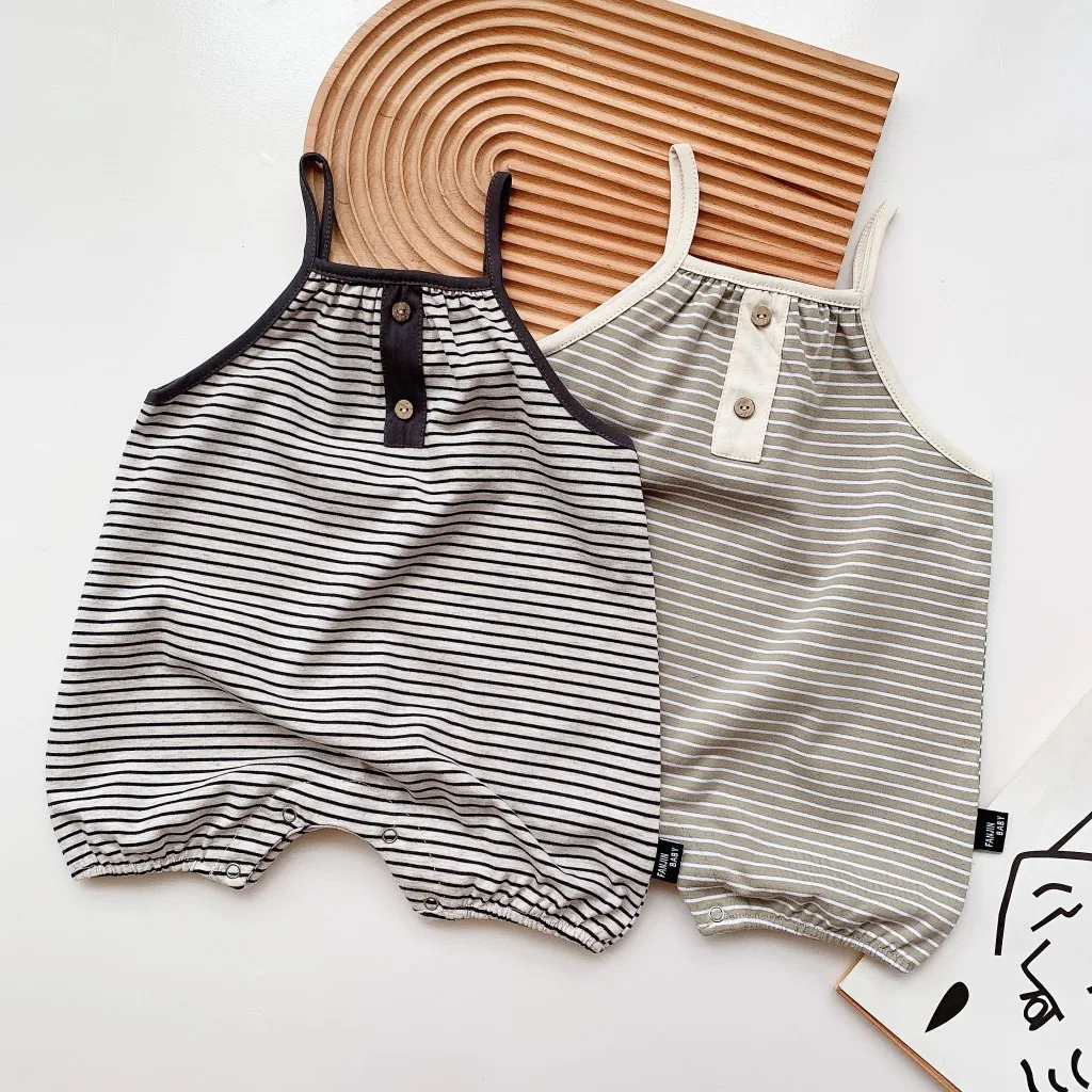

Korean Style Baby Boy Girl Toddler Sleeveless Bodysuit Summer Striped Vest Rompers Playsuit Crawling Outfits Infant Baby Cotton