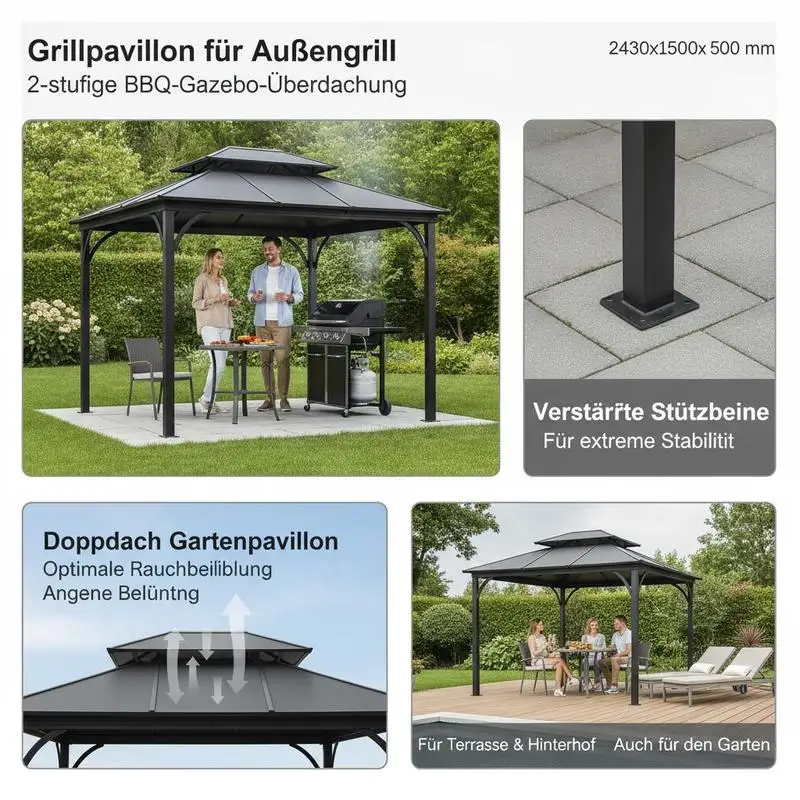 Grillpavillon, 2430x1500x500 mm, Grillüberdachung für Außengrill, 2-stufiger BBQ-Pavillon, Gartenterrassenpavillon mit doppeltem Dach und verstärkten Stützbeinen, für Terrasse, Hinterhof und Garten