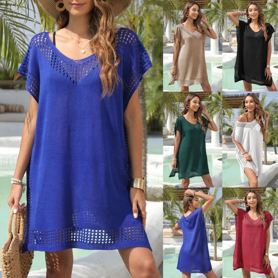 

【HOT】- blouse V-neck hollow stitching loose European and American women's dress seaside vacation super fairy beach dress 720