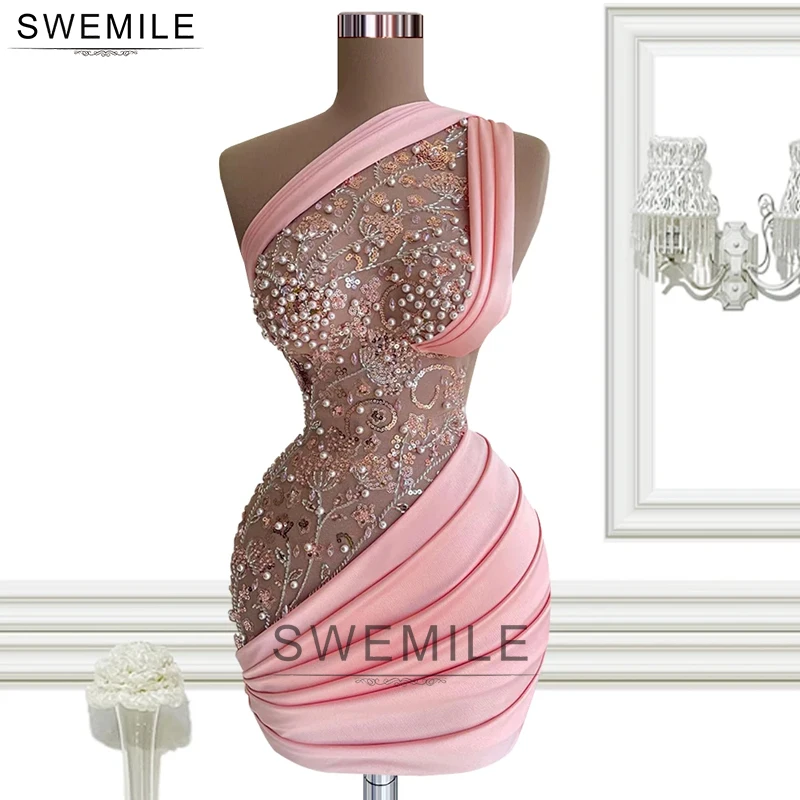 

SWEMILE One Shoulder Pink Pearls Satin Cocktail Dresses Sexy Mini Sheath Beaded Sequins Homecoming Dresses Short Evening Gowns