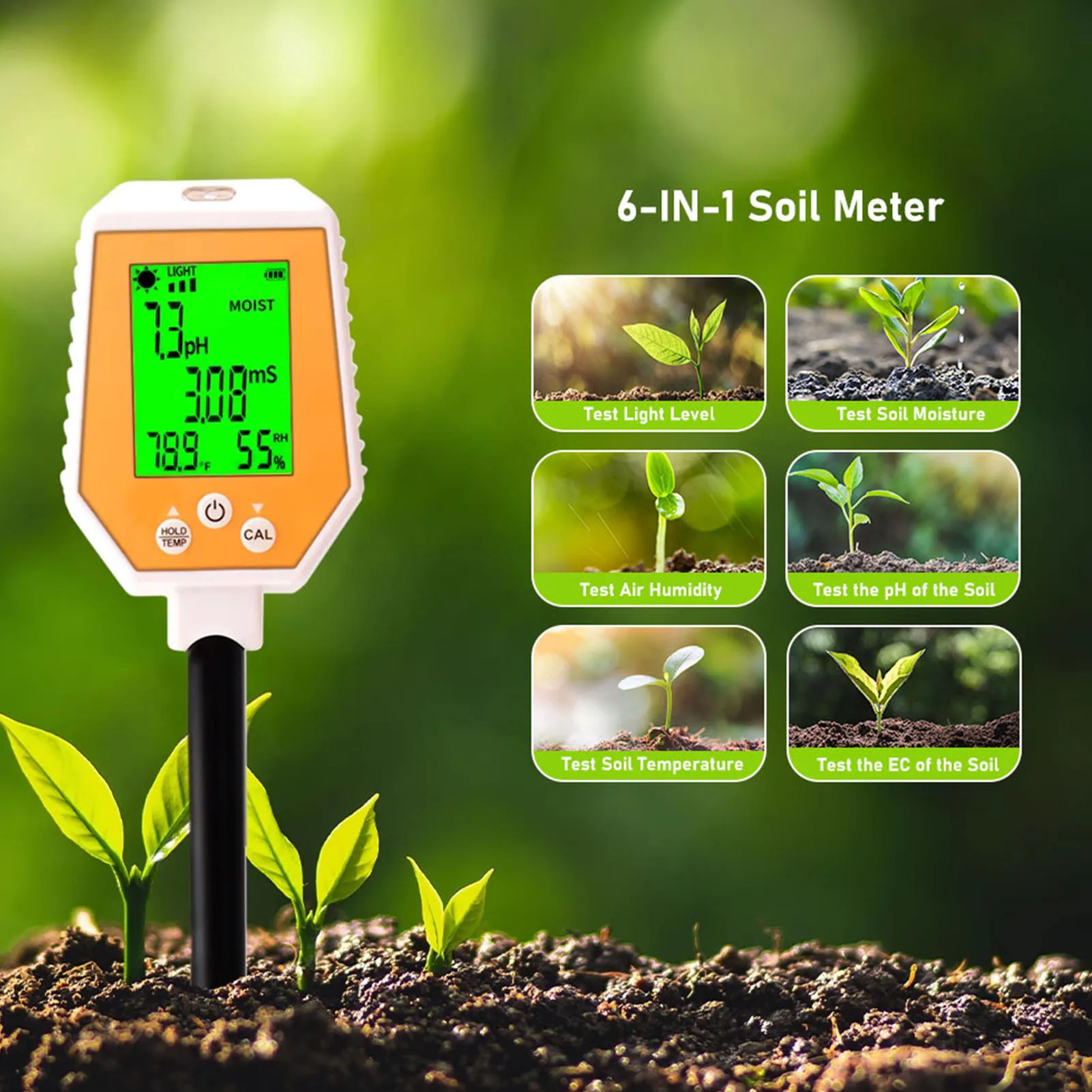 Probador de PH Digital del suelo, medidor de PH EC, probador de temperatura de fertilidad del PH del suelo de alta precisión, profesional para el cuidado de plantas de césped y jardín