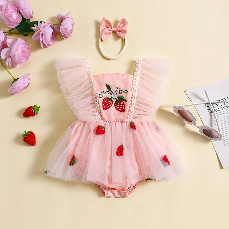 0-18M Baby Girl Summer Girl Strawberry Embroidered Sweetheart Dress jumpsuit Dress Flying Sleeves Embroidered Headband jumpsuit