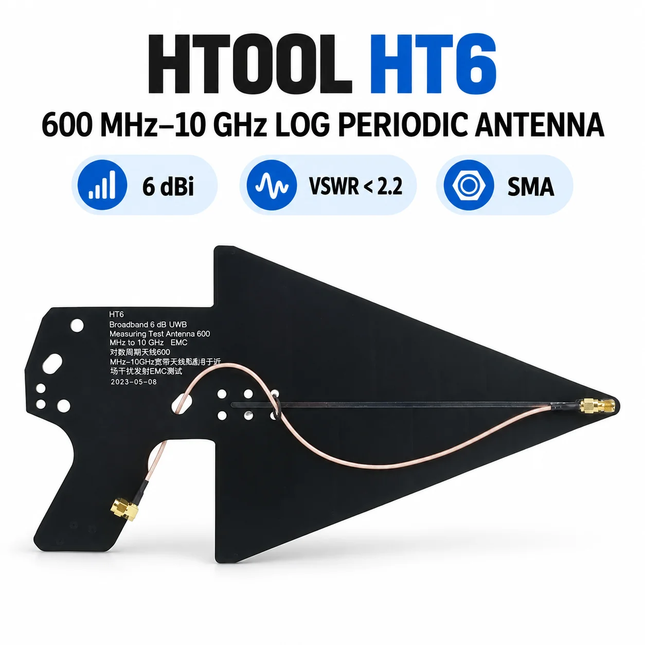 HTOOL HT6 Wideband RF Test Antenna 0.6-10GHz, 6dBi Directional LPDA with SMA Connector, 50Ω Antenna for Signal Measurement