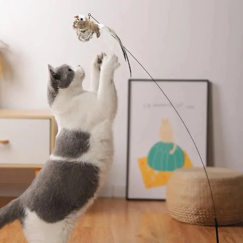 Simulación de pájaro, juguetes interactivos para gatos, divertido pájaro de plumas con campana, palo para gato, juguete para gatito, varita de juguete, suministros para gatos