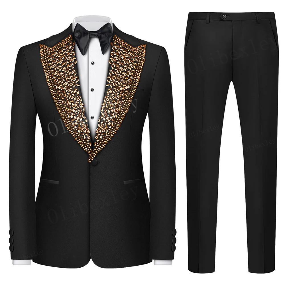 B26 Luxury 2PCS Wedding Tuxedo Formal Groom Men Suits Slim Fit Crystals Beaded Male Blazer Pants Tailored Made Prom Party Suit