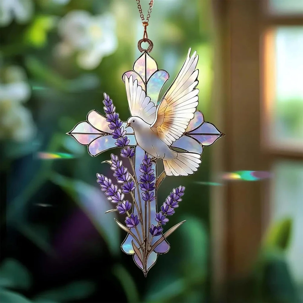 Acrylic Cross Suncatcher White Dove Lavender Design Hanging Window Ornament Religious Peace Symbol Wall Decor Christian Gift