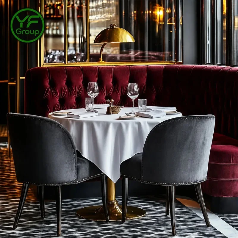 Wholesale Custom Red Velvet  Booth Seating Restaurant Furniture Metal Frame Marble Top Tables and Chairs for Hotel