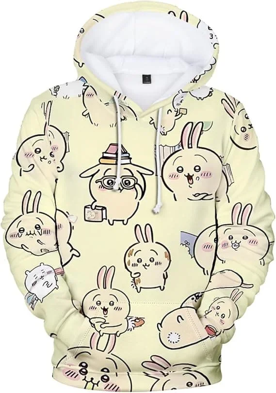 2027 Niedlicher Chiikawa Usagi Hamburger-Print Hoodie Anime Cartoon 3D Pullover Sweatshirt Langarm Freizeit Kapuzenpullover Familien-Set – Detail 14