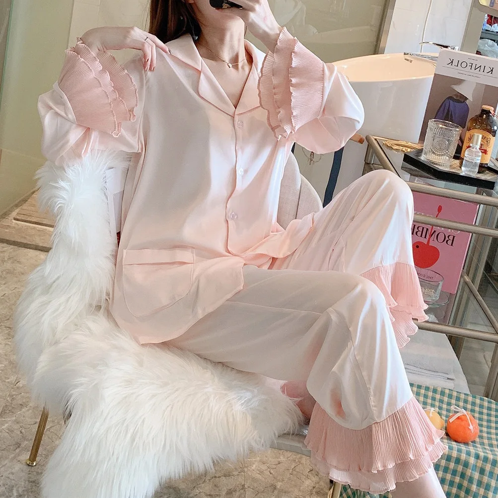 Silk Pajama Set Women Flare Sleeve Soft Home Clothes 2 Piece Set Palace Wind Pure Color Long Sleeve Trousers Sleepwear Suit L506