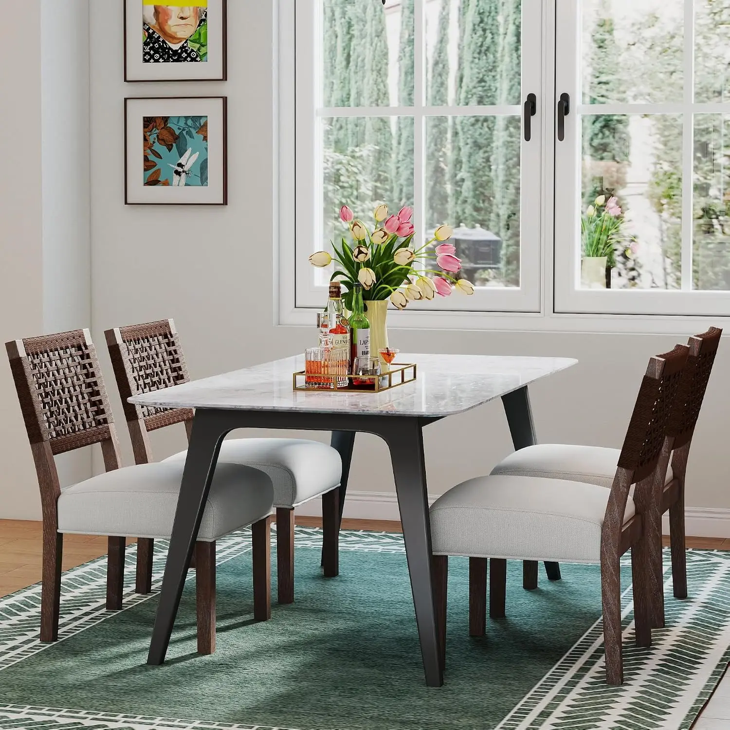 Farmhouse Dining Chair Set of 4 Linen Upholstered Woven Back Solid Wood Wide Seat Dining Room 300LBS Beige, Customized