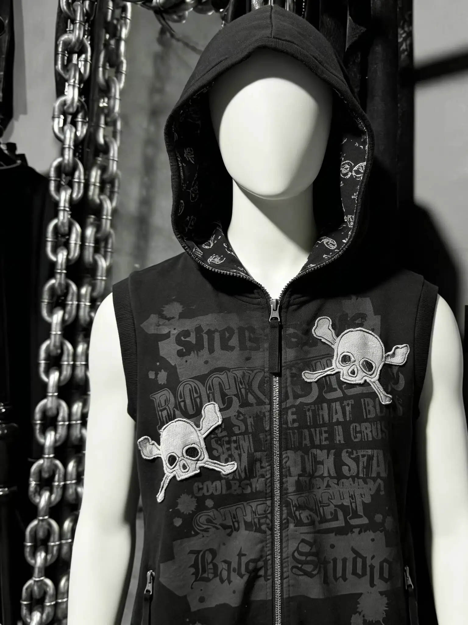 

Unsiex Gothic HoodiesY2K Vintage Punk Skeleton Letter Print Hooded Sleeveless Vest Japanese Sweatshirt Women Style Streetwear