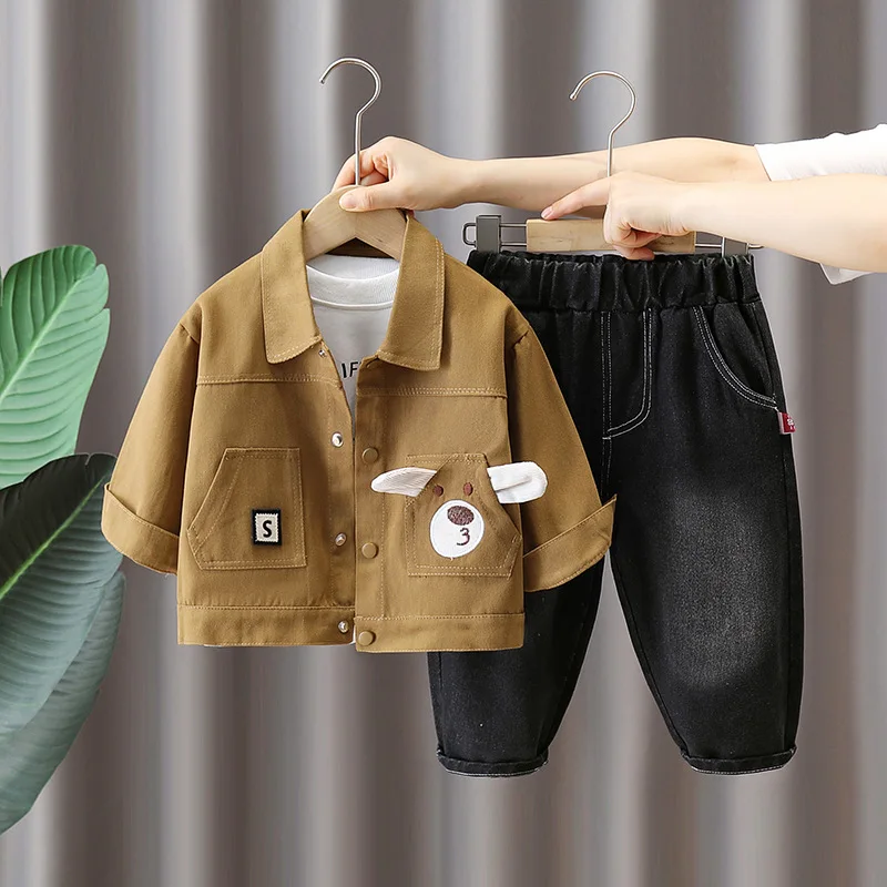 Autumn 2024 Korean Toddler Baby Boys 3PCS Clothes Set Printed Tops Cartoon Coat Stretch Jeans Suit Kids Boys Outfits