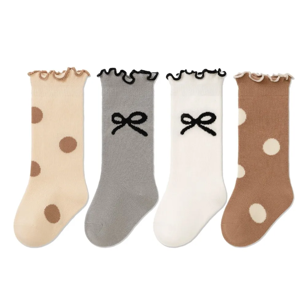

4 Pairs Infant Kids Girl Cotton Socks Baby Ruffles Vintage Color Floor Socks 0-5Y Baby Mid-tube Leg Warmers for Princess