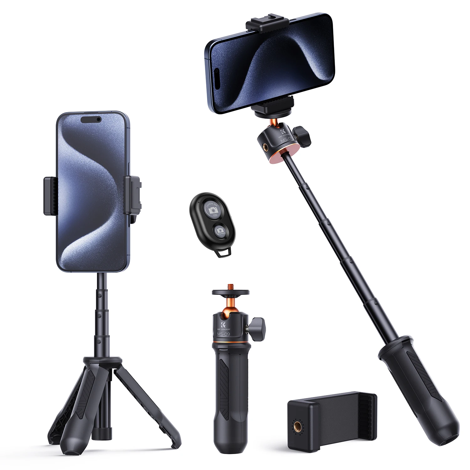 K&F Concept Selfie Stick Tripod 360 Degree Rotation Mini Phone Stand with Ball Head and Cold Shoe Mount for Smartphone Black