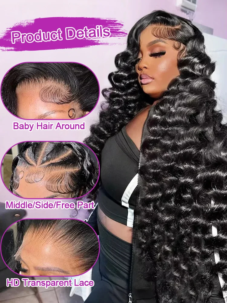 250 Density 40 42 Inch Loose Deep Wave Wigs 100% Brazilian Curly Wig Human Hair Wig 13x4 13x6 HD Transparent Lace Frontal Wig Pre Plucked Natural Black 360 Full Lace Front Human Hair Wigs For Women view 7