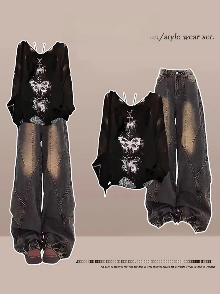 

Весенний джинсовый комплект больших размеров в стиле ретро, женский дизайн Sense Hole Top Match Waste Land Sle, утягивающие джинсы, комплект футболок с ремешком