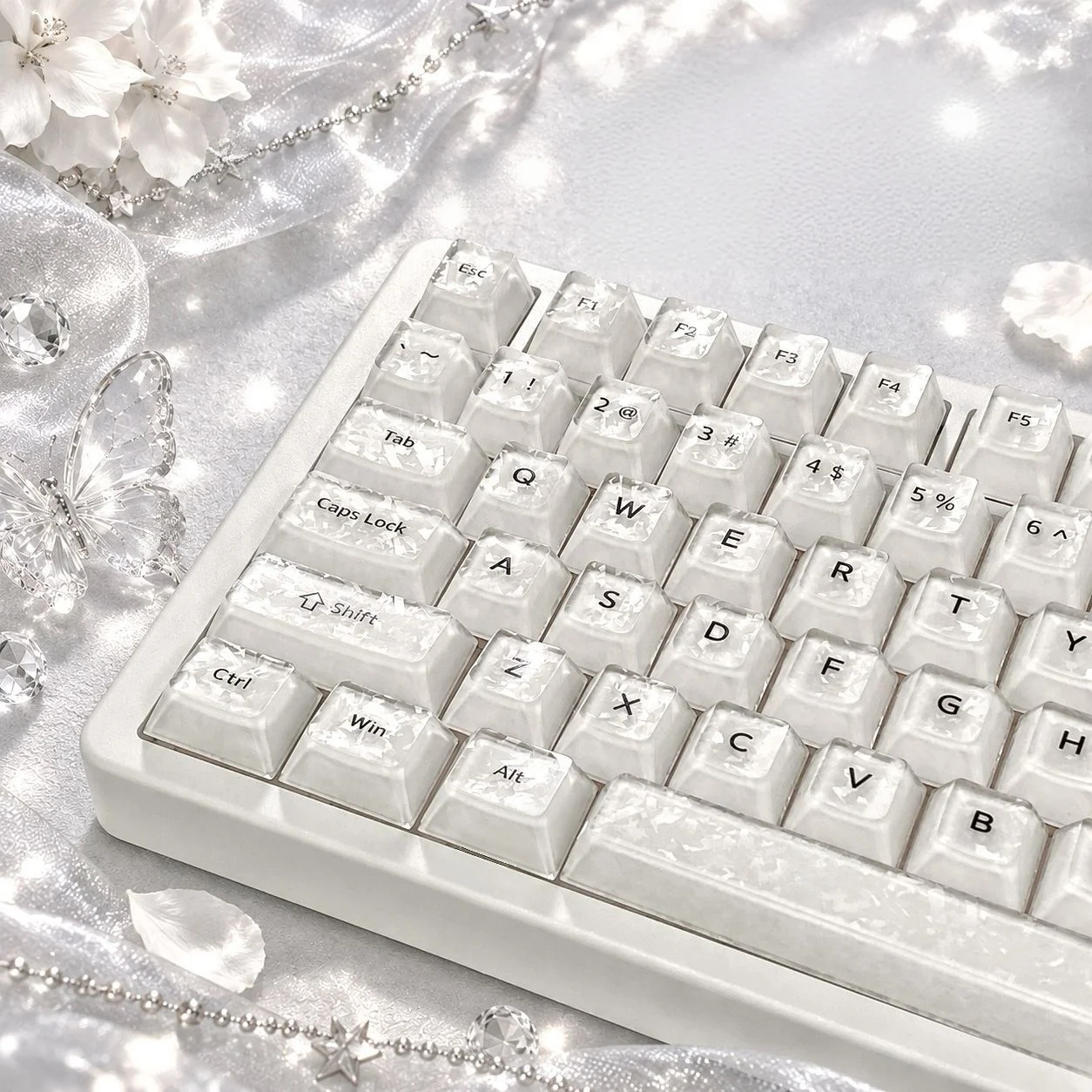 White Forged Carbon Fiber Jelly Keycaps Elegant Crystal Clear PC Key Caps Cherry Profile for Mechanical Keyboard MX Switches