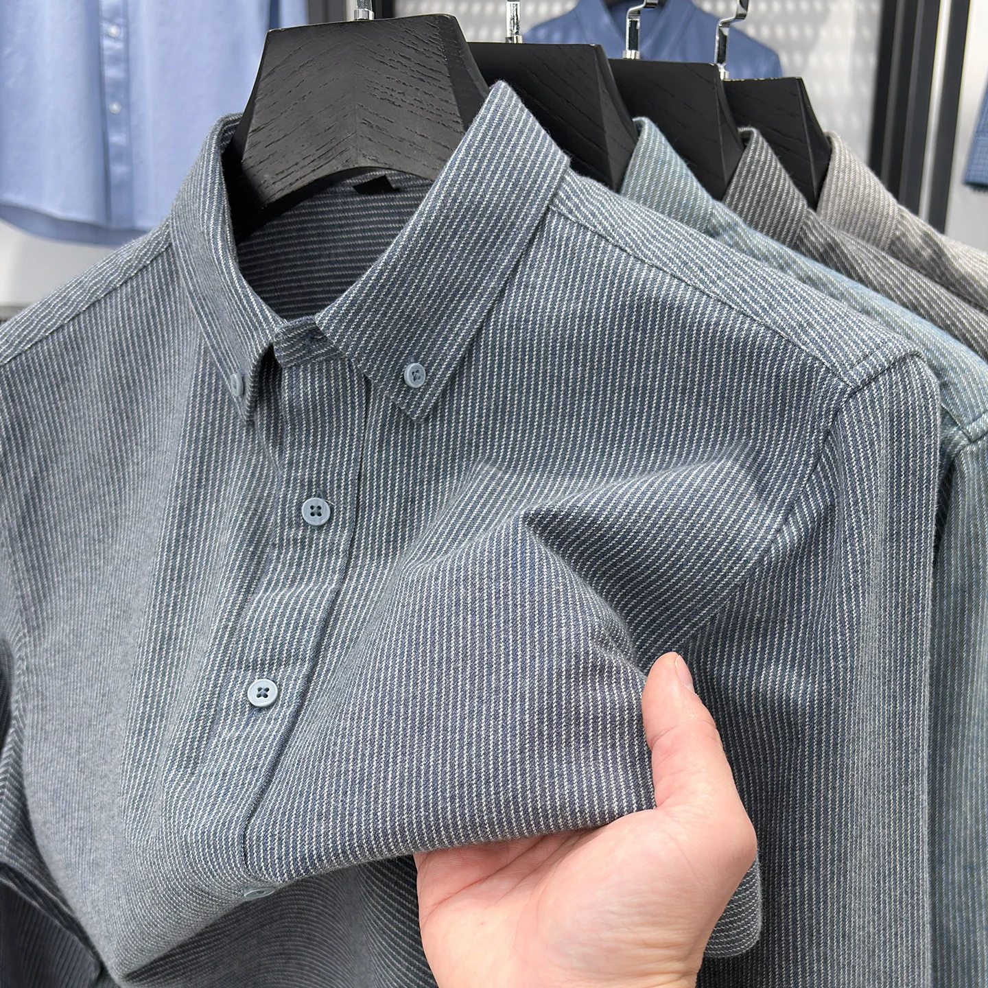 New in shirt 100% brushed striped long sleeve shirts for men slim fit casual shirt soft houndstooth plaid designer trend clothes