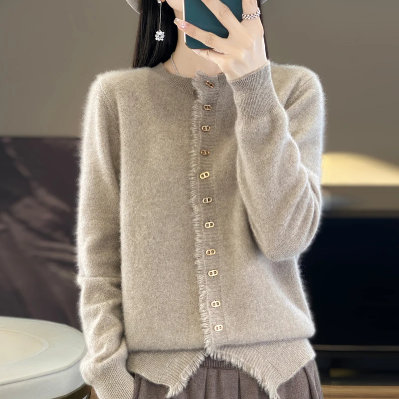 

100% Merino Wool Women's Fringe Sweater Cardigan Autumn/Winter Fashion New Knitted Coat Metal Buttons High Quality Top