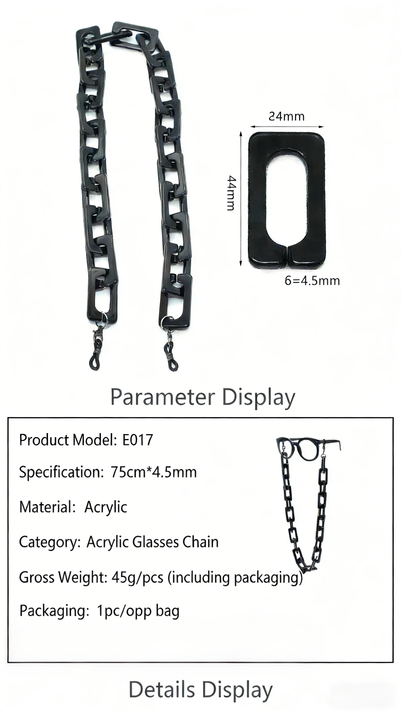 Europäischer und Amerikanischer Modetrend: Schwarze, Ultra-Dicke Acryl-Brillenkette, Sonnenbrillenband, Sonnenbrillenkordel – Detail 3