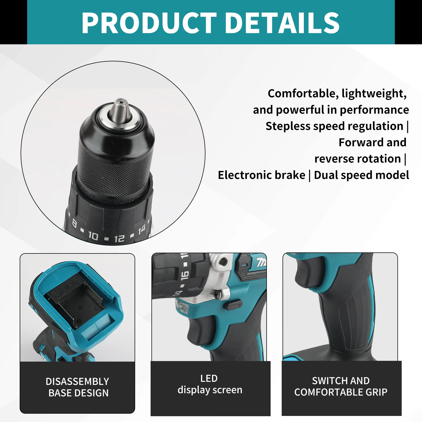 For Makita 18v Battery Pins, DDF487 Hand Drill,40N.m Max Torque,0-2200RPM,10mm Chuck Furniture Install tools