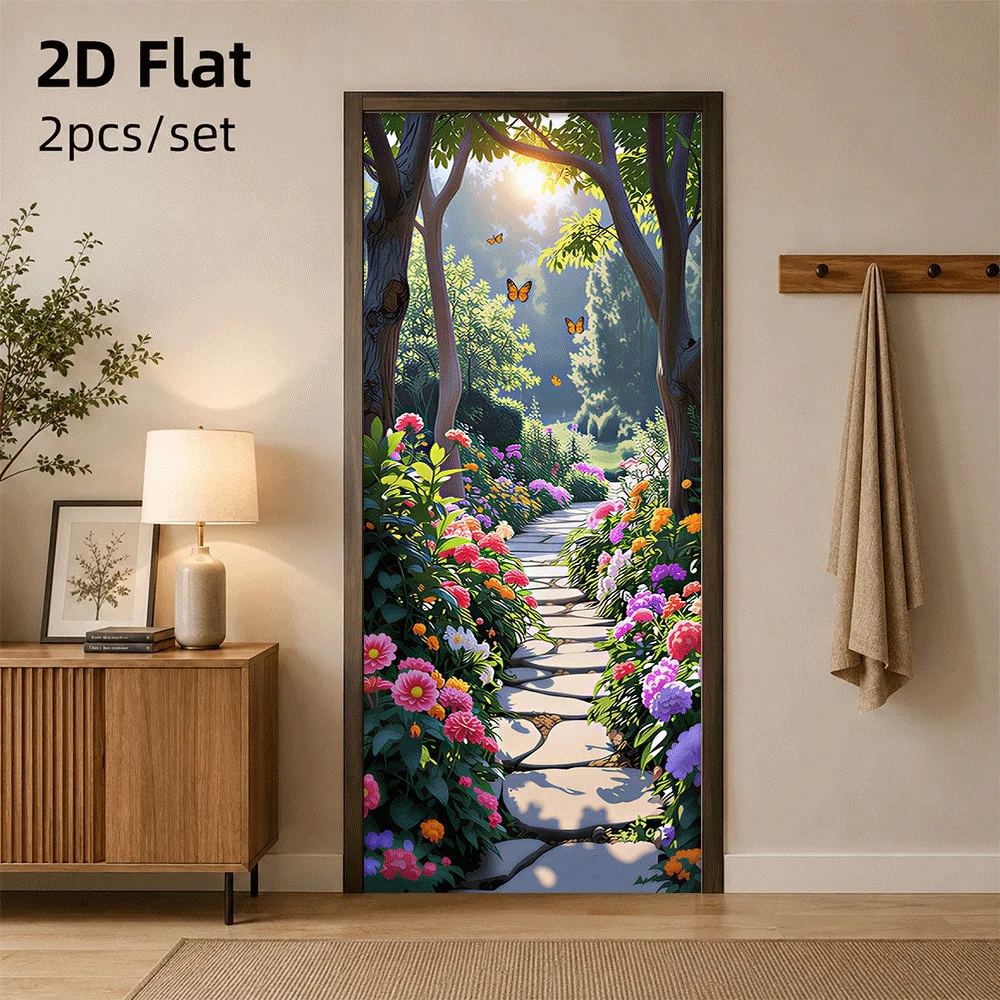 1 piece of beautiful garden path door sticker, colorful flowers, butterfly decoration, natural and fresh 2D plan
