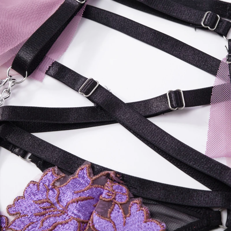 Bikini dunne geborduurde bh set mesh bloemen lingerie dames jarretellegordel