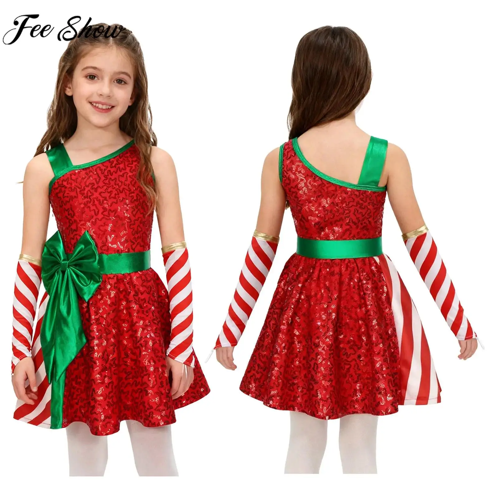 

Girls Christmas Santa Elf Costume Sleeveless Candy Cane Striped Tutu Dress with Sleeves Xmas Dance Skating Performance Clothes