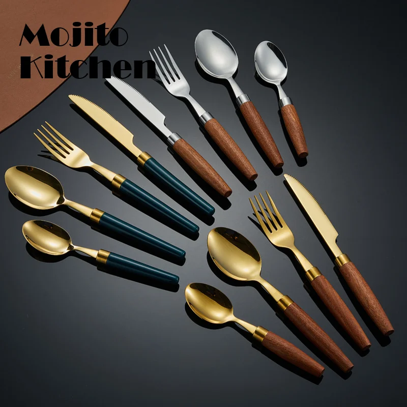 

304 Stainless Steel Spoon Eating Round Head Wooden Handle Net Red Dinner Fork Steak Knife Ceramic